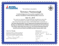 Terrence Narinesingh Boat U.S. Foundation Boating Safety Course Certificate